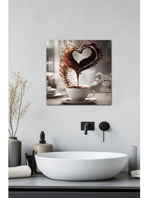 KutuTR 3D Görünümlü Kahve ve Kalp Temalı Temperli Cam Kare Tablo 33X33 cm Uv BASKI-CKT023