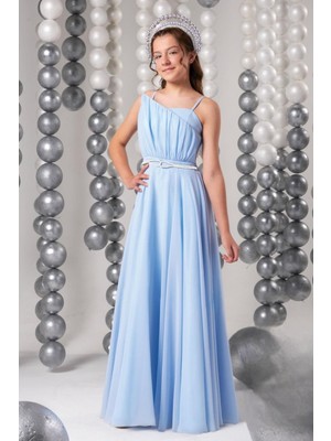 Erkut Bebe Mojo Kız Çocuk 10-15 Yaş Zincir Kemer Detaylı Uzun Abiye Elbise Bebe Mavi