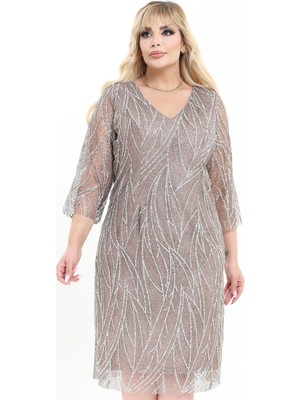 Ladies First Büyük Beden 3994 Vizon Kısa Abiye Elbise