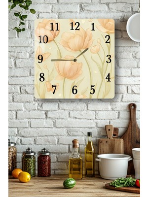 KutuTR Bej Çiçek Desenli Temperli Cam Kare Saat 33X33 cm Ebadında Uv Baskı - KCS092