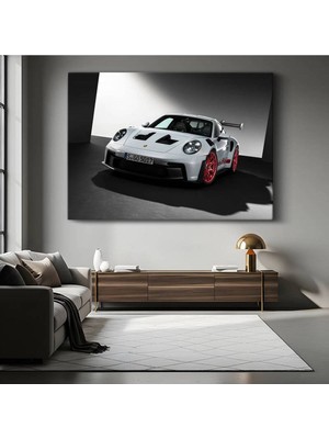 GülsenArt Porsche 911 Gt3 Rs Kanvas Tablo Beyaz Yarış Otomobili Kırmızı Jantlar Tablo