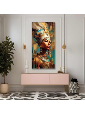GülsenArt Gold Aksesuarlı Mısır Kraliçesi Etnik Başlıklı Model Panoramik Dikey Hd Baskı Kanvas Tablo