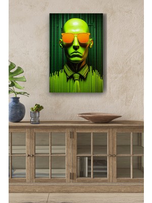 Yeşil Robotik Adam Yağlı Boya Görünümlü Hd Dijital Baskı Dikey Kanvas TABLO3562