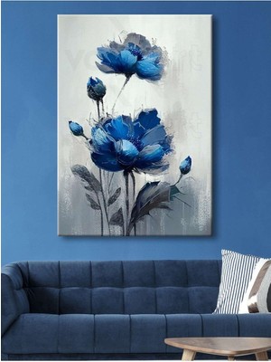 GülsenArt Dekoratif Mavi Lacivert Çiçek Hd Dijital Dekoratif Dikey Baskı Kanvas Tablo