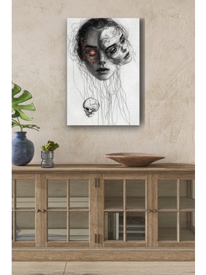 Maskesi Düşmüş Kadın Portresi Yağlı Boya Görünümlü Hd Dijital Baskı Dikey Kanvas TABLO2332