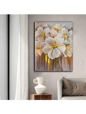 GülsenArt Hd Baskı Kanvas Tablo Dikey Dekoratif Modern Gold Beyaz Şık Çiçek Ofis Dekoru Salon Dekoru
