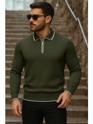 Comstar Erkek Trend Fermuarlı Uzun Kollu Haki Polo Yaka Kazak