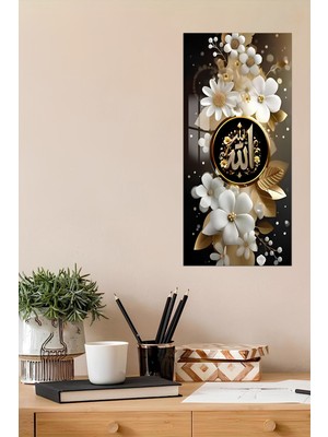 KutuTR Çiçek Desenli Allah Lafzı Temalı Temperli Cam Dik Tablo 30X60 cm Uv Baskı- DCT064