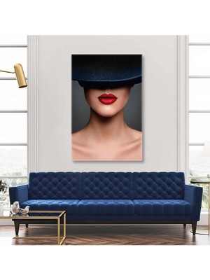 GülsenArt Siyah Fötr Şapkalı Kırmızı Rujlu Karizmatik Model Dikey Hd Baskı Kanvas Tablo