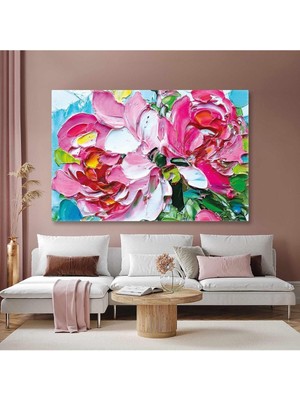 Pembe Gül Buketi Fırça Izleri Dekoratif Yatay Hd Dijital Baskı Salon Dekoratif Kanvas Tablo