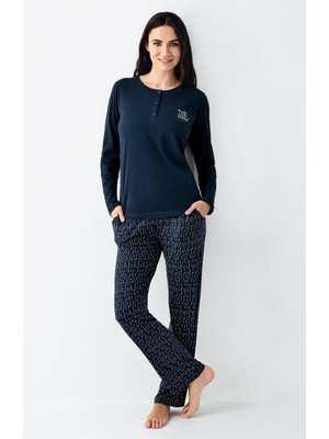 Arnetta Kadın Lacivert Yakası Düğmeli Pijama Takım, Alt Pijama Cepli ve Desenli, %50 Pamuk %50 Modal
