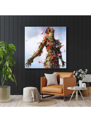 Kırmızı Çiçekli Doğa Ana ve Kelebekler Dikey Hd Dijital Baskı Kanvas Tablo Oturma Odası Dekoratif