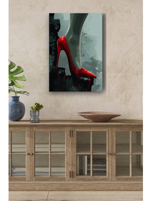 Kırmızı Stiletto Yağlı Boya Görünümlü Hd Dijital Baskı Dikey Kanvas Tablo