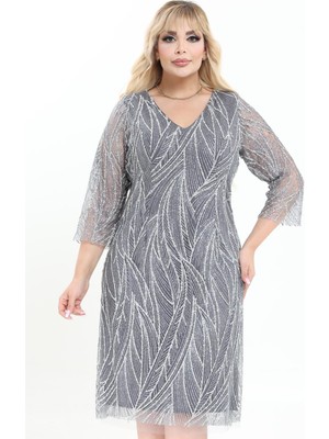 Ladies First Büyük Beden 3994 Gri Kısa Abiye Elbise