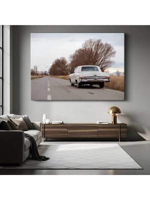 Chrysler Imperial Kırsal Yol Kanvas Tablo Nostaljik Beyaz Sedan Tablo