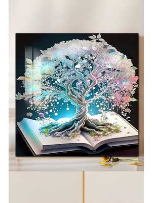 KutuTR 3D Görünümlü Temperli Cam Tablo – Kitap Üzerinden Hayat Ağacı Uv Baskı 33X33 CM-CTK079
