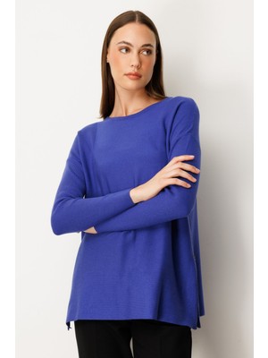 On Kadın Yanları Fermuarlı Sıfır Yaka Triko Kazak 65318 Saks