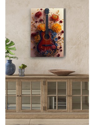 GülsenArt Etrafı Çiçek Kaplı Gitar Yağlı Boya Görünümlü Hd Dijital Baskı Dikey Kanvas Tablo 535