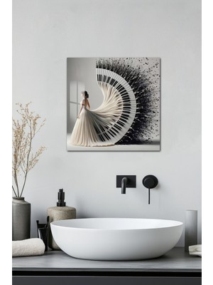 KutuTR 3D Görünümlü Piyano ve Balerin Temalı Temperli Cam Tablo 33X33 cm Uv Baskı -CTK011