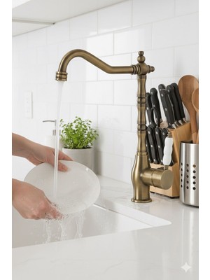 Rena Design Rustik Antik Eskitme Gold Mutfak Evye Bataryası Otantik Osmanlı Prinç Gövde Vintage Tasarım Altın