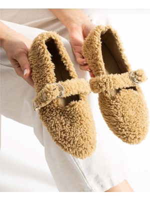 Ayakcity Kadın Tokalı Kışlık Babet Ev ve Dış Mekan Ayakkabısı - Vizon - 38