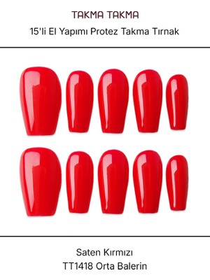Takma Takma 15'li Kırmızı Orta Balerin TT1418 Tekrar Kullanılabilir El Yapımı Protez Takma Tırnak - Kırmızı-L