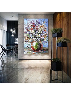 GülsenArt Büyük Çiçek Demeti Vazoda Salon Antre Dekoratif Hd Dijital Dikey Baskı Kanvas Tablo