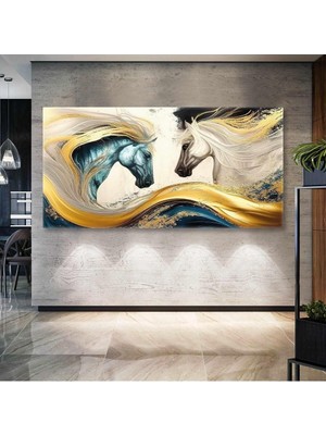 Beyaz ve Mavi At Karşılıklı Gold Dalgalar Enine Yatay Hd Dijital Dekoratif Baskı Kanvas Tablo