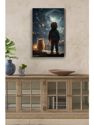 GülsenArt Ay Işığına Bakan Kedi ile Çocuk Hd Baskı Kanvas Tablo Hd Dijital Baskı Dikey Kanvas Tablo