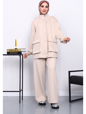 İmaj Butik Bej Fermuarlı Scuba Ceket Pantolonlu Takım