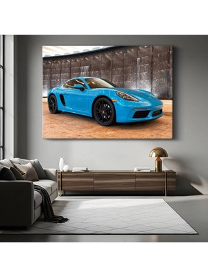 Porsche 718 Cayman Miami Kanvas Tablo Stuttgart Mavisi Spor Otomobil Tablo