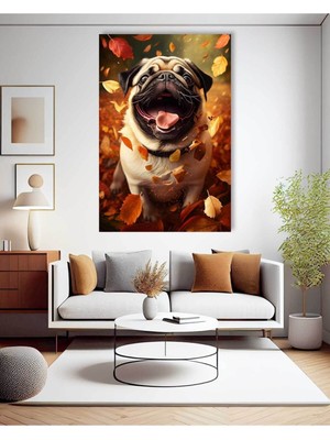 Pug Köpek Yapraklı Dekoratif Hd Dijital Dikey Baskı Kanvas Tablo