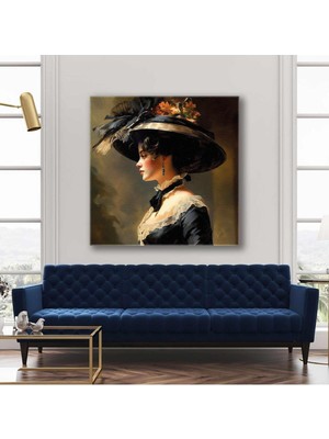 Turuncu Çiçeklerle Süslü Şapkalı Nostaljik Elbiseli Model Kare Hd Baskı Kanvas Tablo