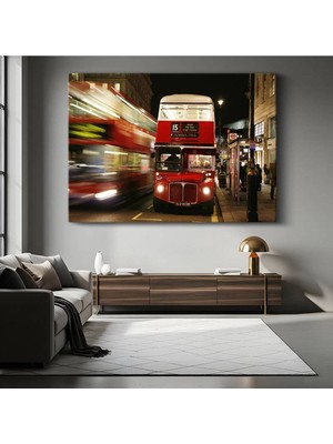 Londra Otobüsü Gece Şehir Kanvas Tablo Işıkları Kırmızı Çift Katlı Tablo