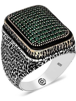 Gumush Hk Gümüş Erkek Yüzük Yeşil Zirkon Taşlı Kare |Gümüş Takı Hediyelik Ürünler