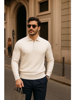 Comstar Erkek Fermuarlı Krem Uzun Kollu Polo Yaka Triko Kazak