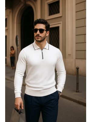 Comstar Erkek Fermuarlı Beyaz Uzun Kollu Polo Yaka Triko Kazak
