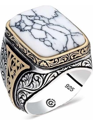 Gumush Hk ​Gümüş Erkek Yüzük Beyaz Çizgili Havlit Taşlı Kare |Gümüş Takı Hediyelik Ürünler