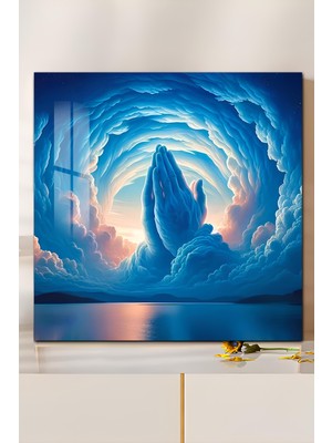 KutuTR 3D Görünümlü Temperli Cam Tablo–minnet ve Huzur Temalı Bulut Eller Tasarımı Uv Baskı 33X33 CM-CTK035