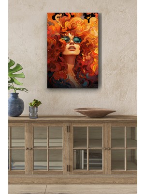 GülsenArt Turuncu Dalgalı Saçlı Kadın Yağlı Boya Görünümlü Hd Dijital Baskı Dikey Kanvas Tablo 42