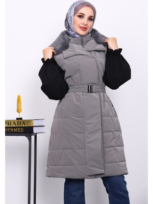 İmaj Butik Gri Yaka Kürklü Lastik Kemerli Uzun Şişme Yelek