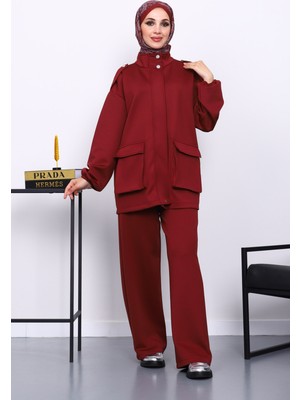 İmaj Butik Bordo Fermuarlı Scuba Ceket Pantolonlu Takım