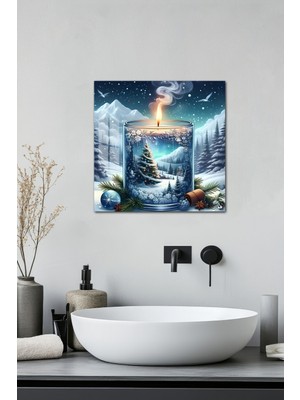 KutuTR 3D Görünümlü Temperli Cam Tablo – Kış Manzaralı Mum Temalı Uv Baskı 33X33 CM-CTK014