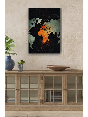 Dünya Haritası Yağlı Boya Görünümlü Hd Dijital Baskı Dikey Kanvas Tablo 53