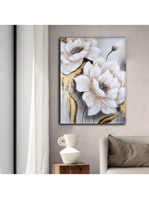 Dekoratif Modern Gold Gri Şık Çiçek Hd Dijital Baskı Dikey Kanvas Tablo Dekor Tablo