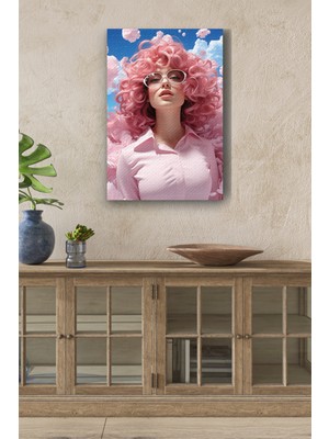 Dalgalı Pembe Saçlı Kadın Yağlı Boya Görünümlü Hd Dijital Baskı Dikey Kanvas Tablo 4536