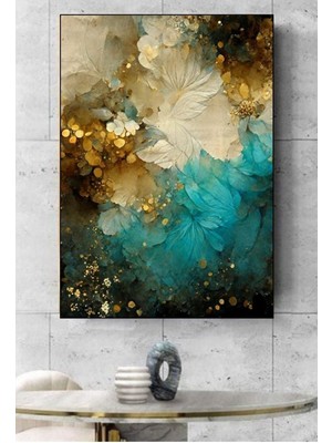 GülsenArt Altın ve Deniz Mavisi Soyut Dekoratif Hd Dijital Baskı Dikey Kanvas Duvar Tablo