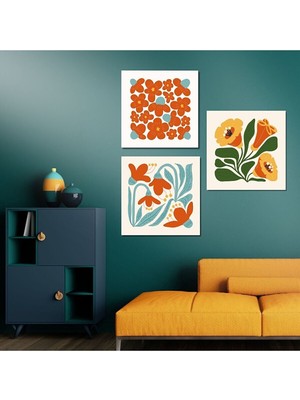 Renkli Çiçekler Dekoratif Hd Baskı Kanvas Tablo 3'lü Kare Kanvas Tablo Hd Baskı