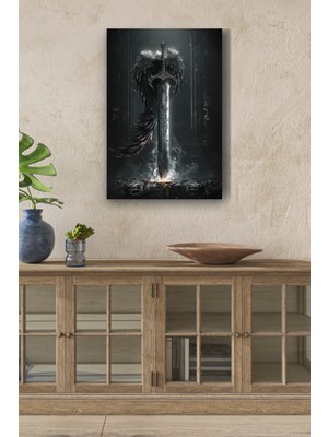 Kanat Detaylı Kılıç Yağlı Boya Görünümlü Hd Dijital Baskı Dikey Kanvas TABLO123231