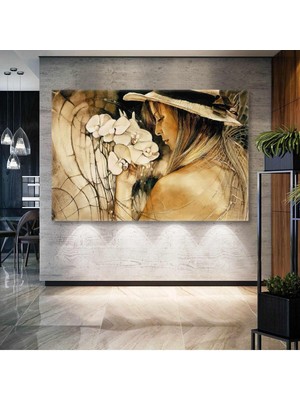 Beyaz Orkide Tutan Şapkalı Dekoratif Model Yatay Hd Dijital Baskı Kanvas Tablo